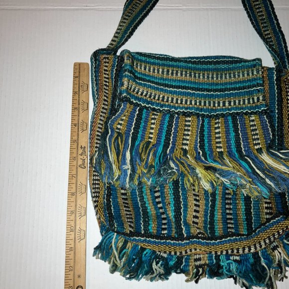Boho Woven Flap Front Blue Stiped Shoulder Strap Bag - Picture 8 of 12